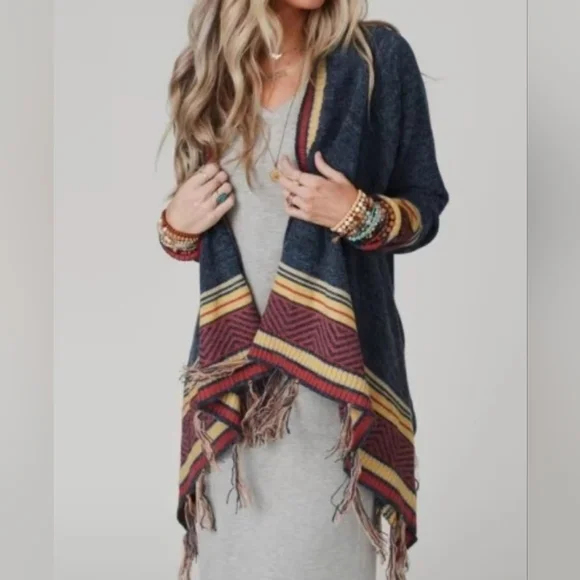 DAVI & DANI Blue and Red Fringe Cardigan - Picture 2 of 8